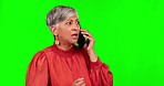 Phone call, anger and senior woman on green screen for conversation, talking and discussion. Communication mockup, networking and frustrated female person on smartphone with problem, issue and crisis