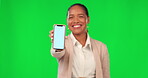 Green screen phone, happy and business woman with online advertising news, promotion or sales commercial. Chroma key portrait, mockup cellphone design and professional person on studio background