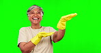 Green screen, senior face and happy woman gesture at cleaning news information, discount promo or sales commercial. Chroma key portrait, hygiene service and person presentation on studio background