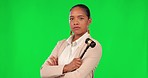 Serious, crossed arms and woman judge with gavel in studio with green screen ready for court case. Professional, confidence and portrait of female lawyer with hammer isolated by chroma key background