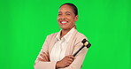 Smile, judge and arms crossed with woman on green screen for justice, legal and verdict decision. Legal, advocate and attorney with portrait of female lawyer on studio background for courtroom case