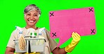 Senior woman, speech bubble and cleaner on green screen, face and cleaning service, social media and tracking marker. Housekeeping brand, dialogue and communication, female person voice and mockup