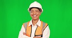 Happy woman, construction worker and green screen, arms crossed and face with laughter on studio background. Architecture, portrait and female contractor, funny and confident with mockup space