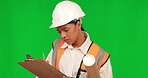 Clipboard, engineering woman and green screen, writing inspection notes, checklist and project management. Architecture, safety compliance check and construction worker or person on studio background