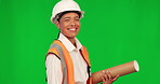 Green screen, woman and engineer with plan, mockup and happy construction worker on studio background. Architect, blueprint and person with smile for success on industrial project and planning