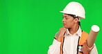 Green screen, woman and engineer with plan pointing, mockup and decision on studio background. Construction worker, architect and person with choice, option and happy with planning and project