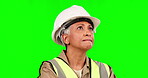 Architect thinking, planning and a woman on a green screen for construction, building and architecture. Plan, ideas and a mature engineer or builder with an idea isolated on a studio background