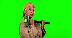 Face, senior woman and hammer on green screen in studio isolated on a background mockup. Portrait, sledgehammer and mechanic weightlifting for workout, training or exercise, muscle, fitness or health