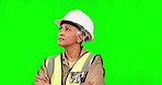 Construction worker, green screen or serious senior woman thinking of ideas for architecture or engineering. Mature contractor, wonder or thoughtful face of builder confused by building in studio 