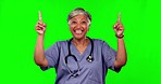 Green screen, excited woman or senior doctor pointing up at hospital service announcement, clinic news or medical info. Chroma key portrait, nurse commercial or healthcare person on studio background