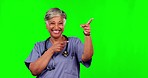 Green screen smile, elderly woman and surgeon pointing at medicine announcement, clinic notification or medical info. Chroma key portrait, doctor gesture and healthcare person on studio background