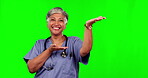 Green screen smile, elderly woman and nurse gesture at medicine commercial, clinic notification or medical info. Chroma key portrait, doctor presentation and healthcare person on studio background