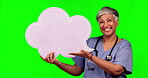 Green screen, elderly happy woman and nurse speech bubble for hospital social media, medical opinion or mockup info. Chroma key portrait, doctor communication or billboard person on studio background