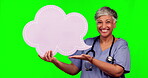 Green screen, elderly woman smile or surgeon speech bubble for hospital social media, healthcare opinion or voice. Chroma key portrait, doctor communication or mockup sign person on studio background