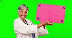 Green screen, senior woman face or happy doctor speech bubble for social media, presentation or voice communication. Chroma key, portrait or medical person show tracking markers on studio background