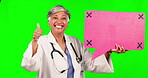 Green screen, old woman thumbs up and happy doctor speech bubble for social media, yes or voice communication. Chroma key portrait, nurse tracking markers and mockup sign person on studio background