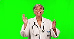 Green screen, senior happy woman or doctor with success for healthcare goals, achievement or nursing target. Applause, medical winner or face portrait of mature physician celebrating winning victory