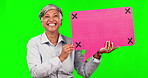 Speech bubble, green screen and portrait of a business woman for announcement, voice or news. Happy mature person with poster or blank board laughing for funny mockup comment with tracking markers