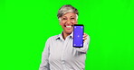 Green screen, phone or senior happy woman with business promo, cellphone mockup or discount sales commercial. Chroma key portrait, smartphone tracking markers or corporate person on studio background