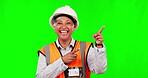 Green screen, senior happy woman or pointing at construction news, civil engineering info or brand logo. Chroma key portrait, advertising sales gesture or female contractor smile on studio background