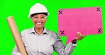 Green screen, speech bubble or happy woman with architect sign, engineering news or social media voice. Chroma key portrait, tracking markers or architecture person communication on studio background