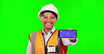 Green screen, senior happy woman or phone for construction sales, civil engineering mockup or architect commercial. Chroma key portrait, mobile tracking markers or female builder on studio background