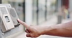 Intercom, calling and closeup of a hand on a doorbell outside an apartment or office building. Security, surveillance and zoom of a male person pushing or ringing a button at a complex front door.