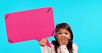Speech bubble, wow and face of girl on blue background for announcement, news and information. Advertising, social media and portrait of excited child with banner, poster and billboard in studio