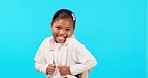 Smile, face and girl child in studio with backpack for back to school, excited and sweet on blue background. Happy, portrait and female kid cheerful about kindergarten, adorable and posing isolated