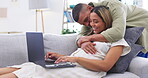 Relax, hug and laptop with couple in living room for freelancer, remote worker and entrepreneur. Happy, technology and kiss with man and woman on sofa at home for email, romance and support