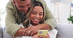 Couple, couch and hug from behind in home for surprise, pregnant woman, phone or comic laugh in living room. Man, girl and funny game for wow, pregnancy or marriage on sofa, cellphone in family house