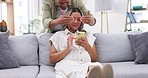 Couple, surprise and cover eyes on couch for pregnant woman, phone and comic laughing in family home. Man, girl and funny games with wow, pregnancy and marriage on living room sofa with smartphone