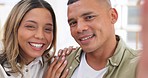 Young couple, selfie and smile in home with love, bond and kiss with comic laugh, joke or post on blog. Man, woman and happy for memory, profile picture or photography for social network app in house