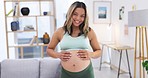 Face, home and woman with a smile, pregnant and care with nurture, fitness and happiness. Portrait, female person and happy mother with exercise, expecting and pregnancy with joy, health and wellness