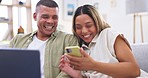 Phone, laptop and funny couple on sofa in home living room, bonding or having fun. Computer, relax and happy man and woman laughing at comedy, meme or streaming movie, video or social media together.