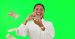 Success, money and laugh with business woman on green screen for winner, lottery and bonus. Finance, investment and cash with employee on studio background for promotion, investment and celebration