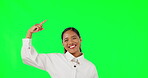 Green screen, pointing and woman in business with smile, information and mockup for announcement or deal coming soon. Marketing, portrait of employee and presentation with hand, news and promotion