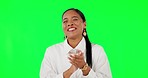 Happy woman, applause and pointing to you on green screen for promotion against a studio background. Portrait of female person clapping hands for winning, achievement or congratulations in success