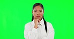 Face, green screen and thinking with business, woman and ideas with fantasy, future and opportunity. Portrait, female person and employee with decision, solution and problem solving with choices