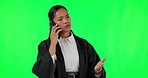 Law problem, woman and a phone call on a green screen isolated on a mockup studio background. Conversation, angry and a frustrated lawyer speaking on a mobile for a legal challenge and solution