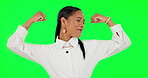 Arm flex, woman and green screen for business power, success and winning with fist, yes or happy fight. Strong, muscle and happy face of worker, employee or african person energy on studio background