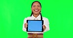 Happy woman, hands and tablet mockup on green screen for advertising against a studio background. Portrait of female person showing technology app display with tracking markers for advertisement