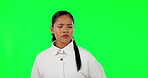 Phone call, bad news and anger with a woman on a green screen background in studio looking upset. Mobile, contact and frustration with an unhappy female person on chromakey mockup for communication