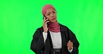 Islamic woman, phone call and studio with green screen, listen or frustrated with client voicemail in mockup. Angry muslim lawyer, attorney or fail on smartphone, legal networking and studio backdrop