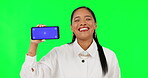 Phone, show and business woman on green screen with tracking markers for digital, social media or internet. Online, website and contact with portrait of employee on background for technology mockup