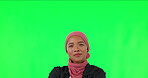 Mockup, judge and pointing with face of muslim woman on green screen for idea, show and justice. Lawyer, deal and legal with portrait of advocate on studio background for attorney and promotion space