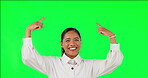 Green screen, hands pointing and woman in business with smile, information and mockup for announcement or deal coming soon. Marketing, portrait of employee and presentation of branding or promotion