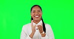 Happy woman, applause and pointing to you on green screen for congratulations against a studio background. Portrait of female person clapping hands for winning, achievement or well done and good job