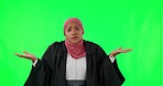Muslim, face and a woman with a choice on a green screen for a sale, promotion or marketing. Decision, confused and an Islamic person with options and gesture isolated on a mockup studio background