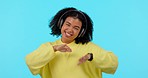 African woman, headphones and dance in studio for music, audio streaming or portrait by blue background. Gen z girl, student and dancer with sound tech, radio and steps with smile, listening and free